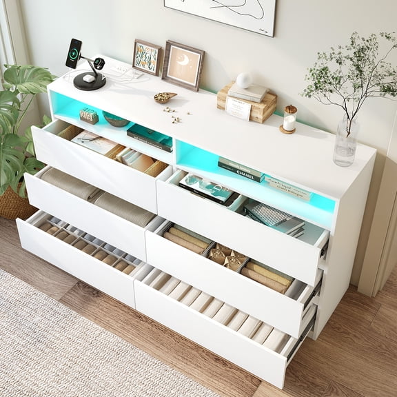6 - Drawer Modern Double Dresser w/ Power Outlet & LED Lights | Open Shelving Wood Cabinet, Charging Station - Ideal Bedroom/Closet/Living Room Organizer