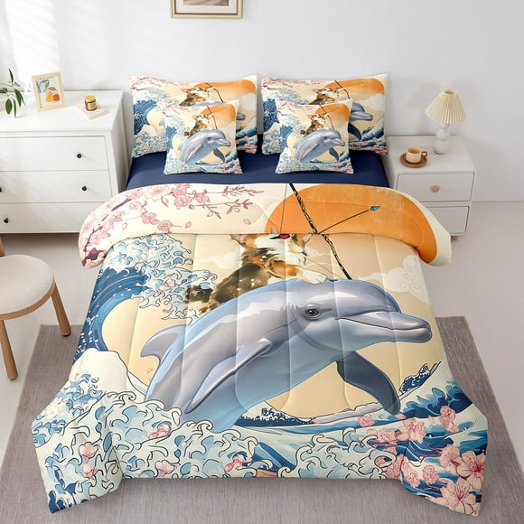 7-Piece Funny Corgi Bedding Queen for Boys Girls Ocean Dolphin Comforter Set, Cartoon Animals Bedding Comforter Sets Oriental Asian Japanese Bed in a Bag, Ukiyoe Ocean Wave Sun Bedding Accessories