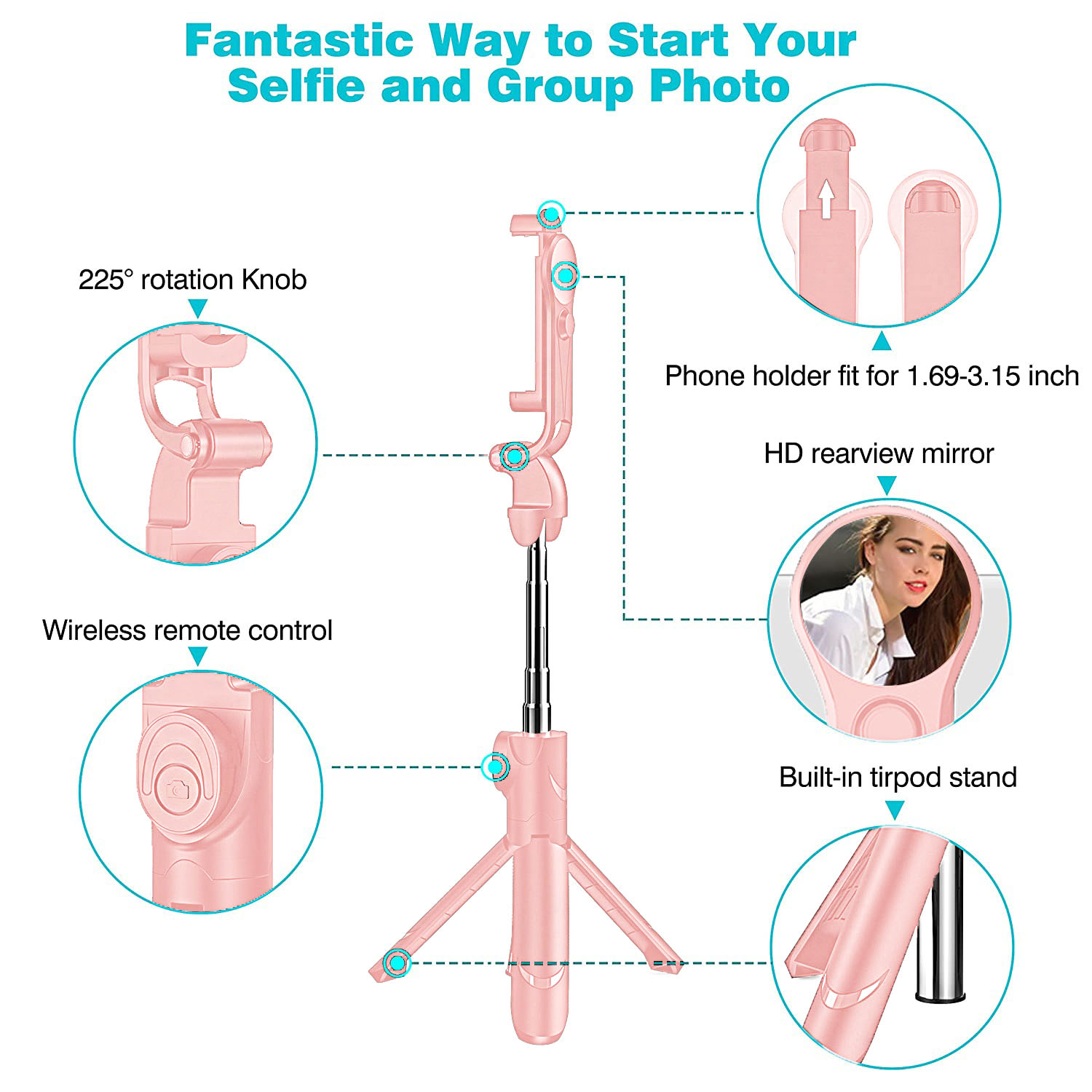 TiokMc Wireless Selfie Stick Tripod, 26 Inches Extendable, Pink photo 6