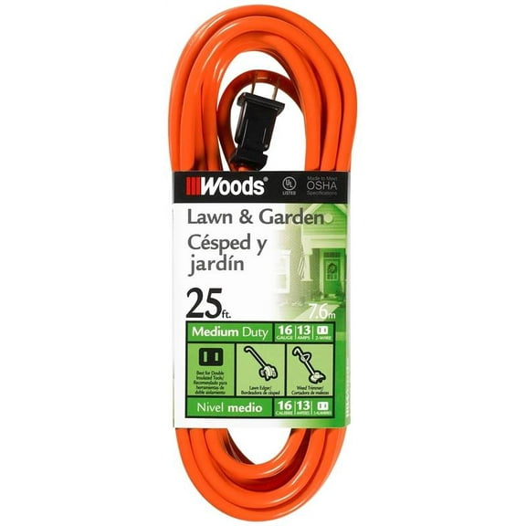 Woods 0722 SJTW Outdoor Extension Cord, 2 16 AWG Bare Copper Conductor, 25 ft L, 13 A, 125 VAC