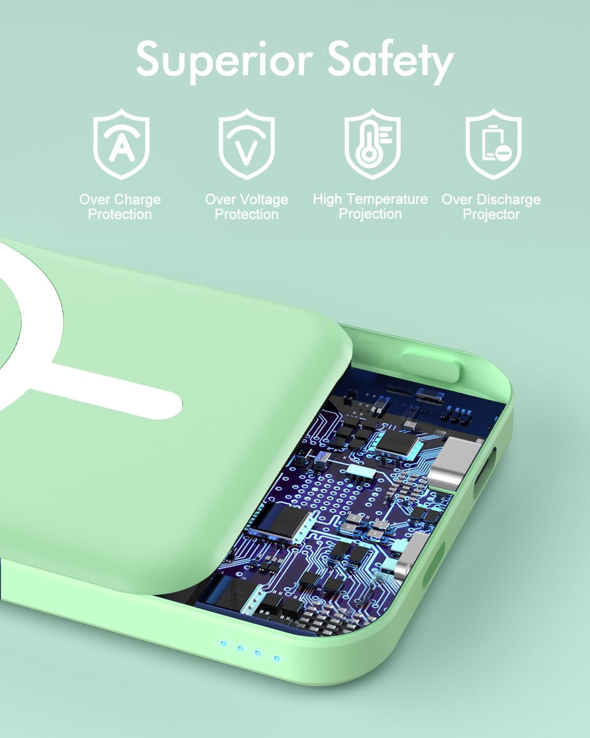 General for Magsafe Battery Pack, 5000mAh Magnetic Power Bank with Type-C Cable 20W PD Fast Charging Lighting Input Wireless Portable Charger for iPhone 17/16/15/14/13/12/ All Series-Green