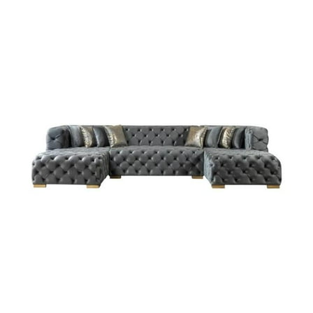 HomeRoots 642272 Tufted Gray Velvet Modular U Shaped Sofa & Chaise Sectional with Toss Pillows