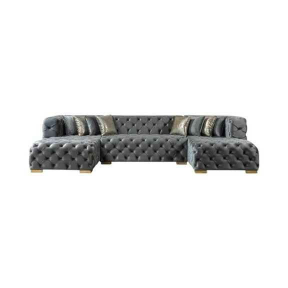 HomeRoots 642272 Tufted Gray Velvet Modular U Shaped Sofa & Chaise Sectional with Toss Pillows