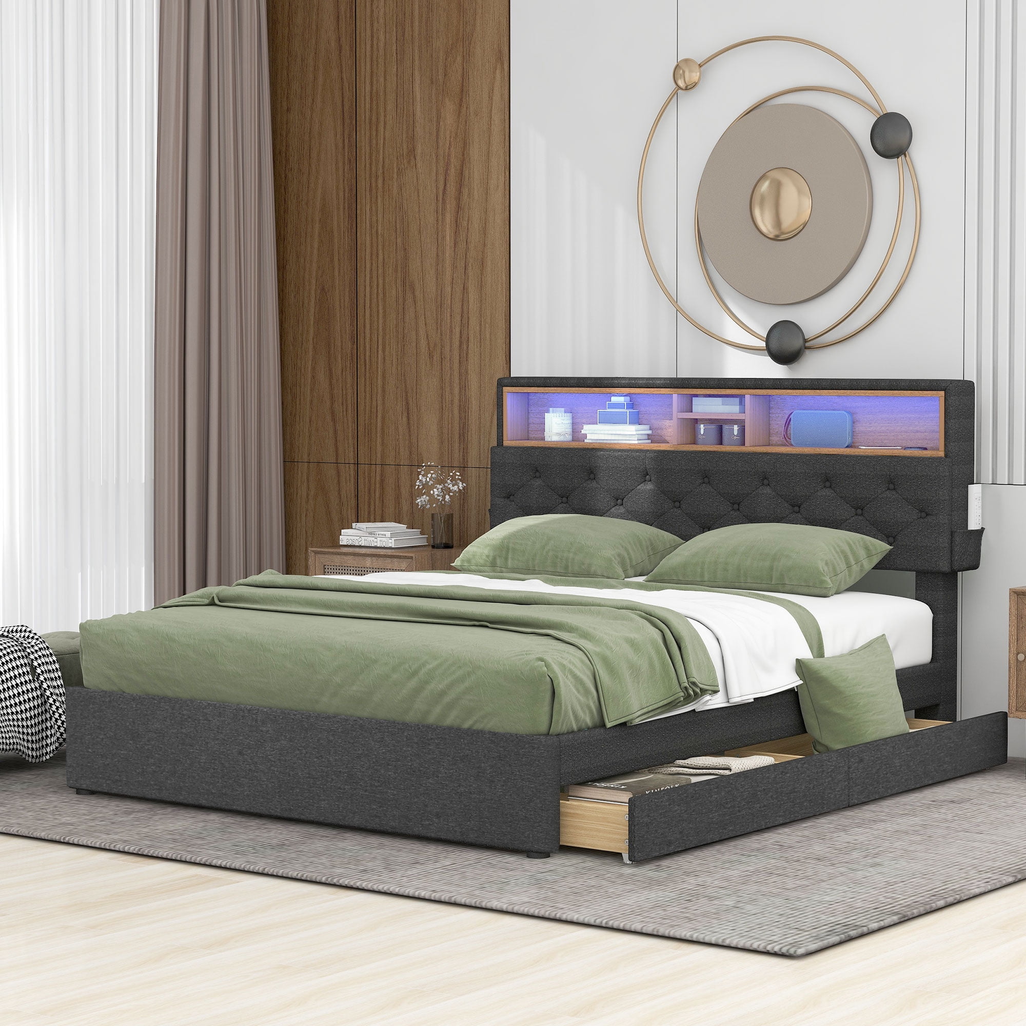 Euroco Adult Queen Modern Platform Bed with Storage Drawers, Gray
