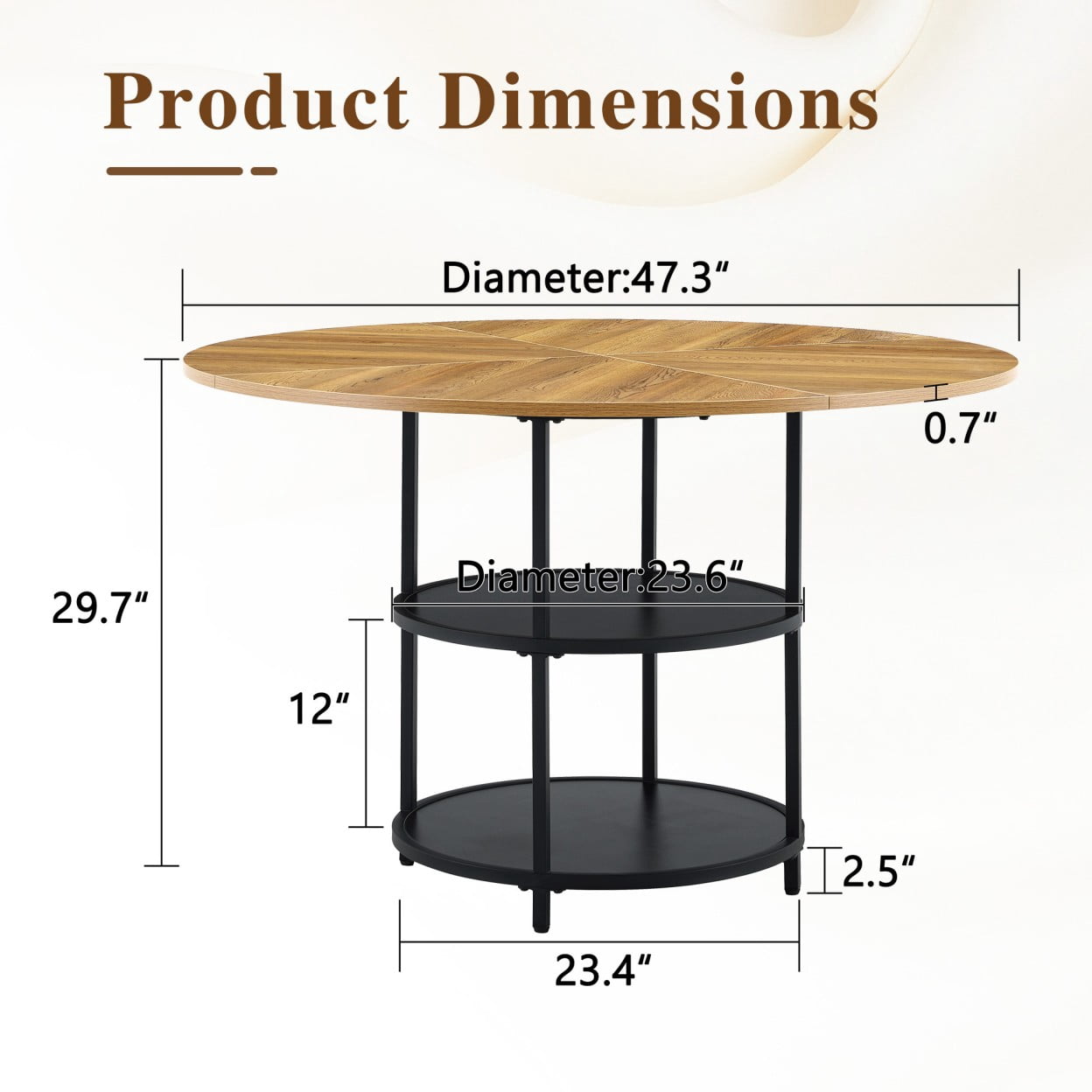 47.3" Round Dining Table for 4-6, Modern Farmhouse Kitchen Table with Double Layer Storage Shelf, Wood MDF Top, Metal Base for Dining Room