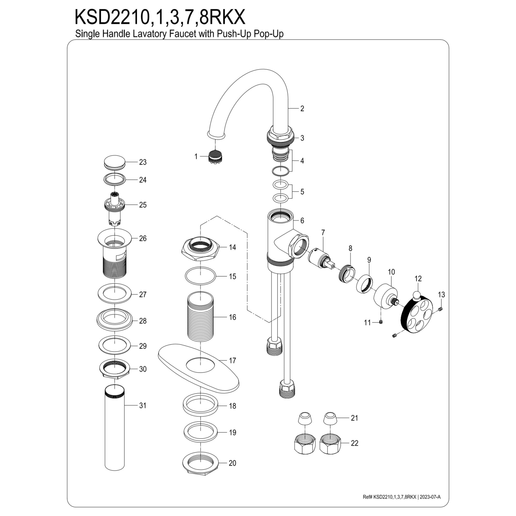 Kingston Brass KSD2210RKX Webb One-Handle 1-Hole Bathroom Faucet with Knurled Handle, Deck Plate, and Push Pop-Up Drain in Matte Black