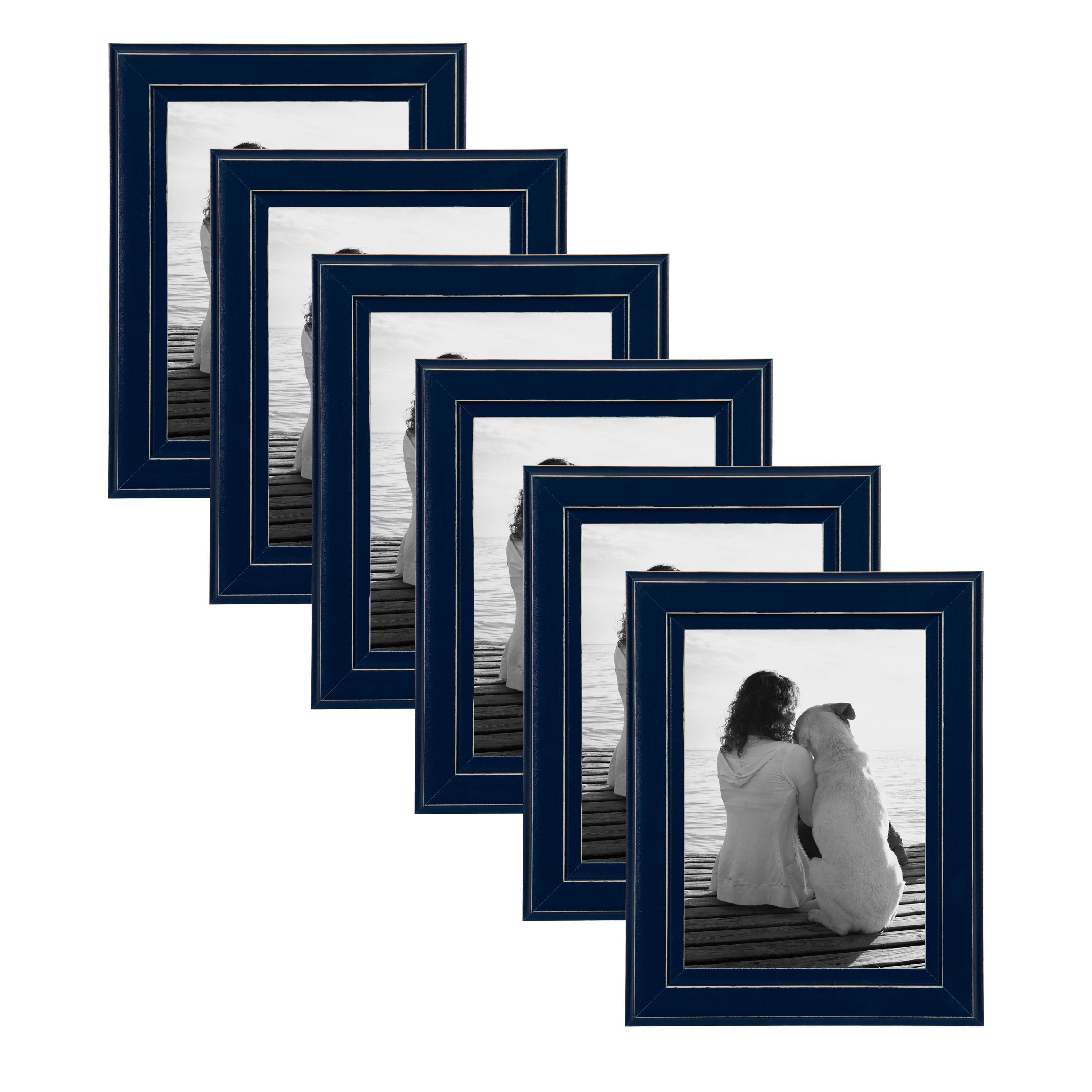 DesignOvation Kieva Solid Wood Picture Frame, Distressed Navy Blue 5x7