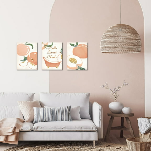 Peach Fruit Wall Art Painting Hello Sweet Cheeks Sign Prints Peach Picture for Dining Room Kitchen Girls Bedroom Framed 12x16 Inch x3pcs