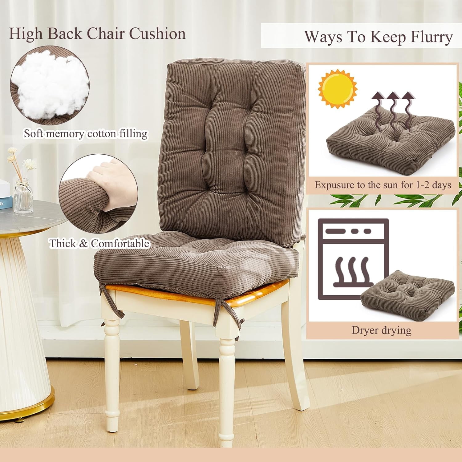 4 Set Outdoor Patio Chair Cushions Corduroy Seat High Back Tufted Pillow Replacement Rocking Patio Chair Pads for Outdoor Indoor Home Office(Grayish Brown)
