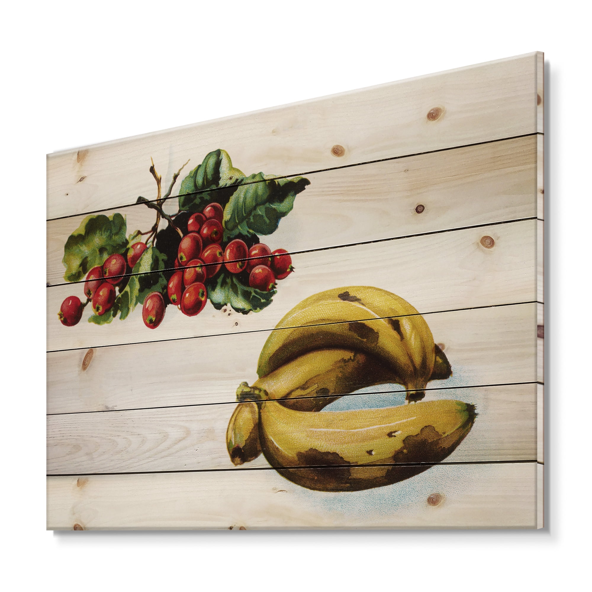 Designart 'Red Berries and Banana' Farmhouse Print on Natural Pine Wood