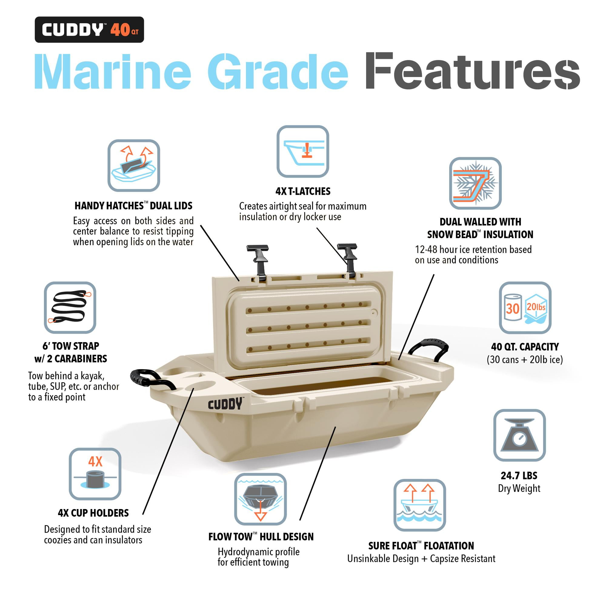 Cuddy Floating Cooler and Dry Storage Vessel - 40QT - Amphibious Hard Shell Design, Tan