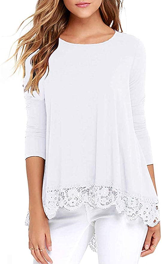long sleeve round neck high low lace blouse