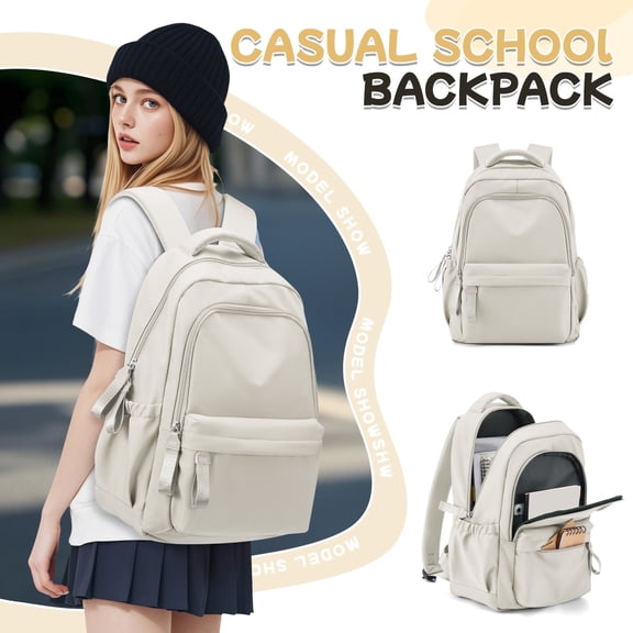AoDai Cute Aesthetic Backpacks for College with USB Charge, Simple School Backpack for Teen High School Students, Medium Waterproof School Bag for Women Men with Pockets Casual Daypack Bookbag Beige