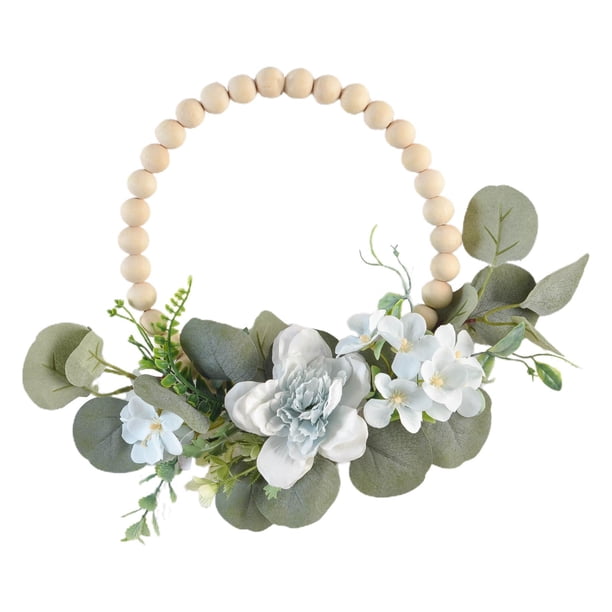 Corona De Cuentas De Madera Rústica Con Flores Guirnalda De Puerta Delantera Decoración Interior Azul Sunnimix Coronas de puertas delanteras