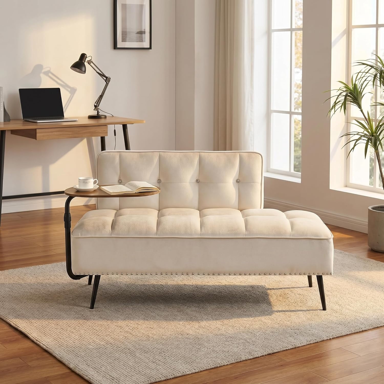 MOONMISS 54 inch 2-Seater Velvet Sofa with 360 Rotating Side Table Space Saving Multi Use Bench Office Living Room Apartment,Beige