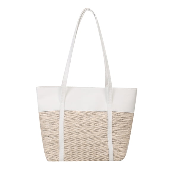 Yucurem Women Shoulder Bag Fashion Woven Shopper Bag Pu Stitching Beach Bag (White) Casual straw bag (White)