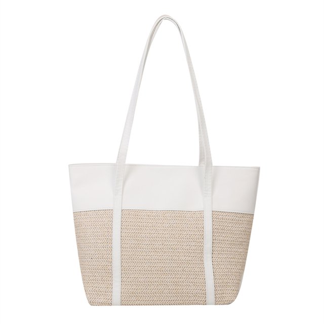 Bolso Paja Portátil Un Hombro para Desplazamientos Informales Gran Capacidad Con Empalme PU Tejido A Mano para La Playa 8355 (blanco) Blanco