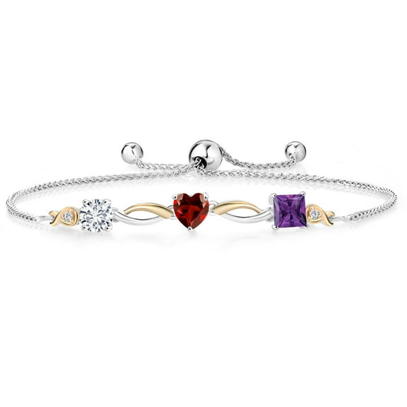 Gem Stone King 925 Silver and 10K Yellow Gold Red Garnet Purple Amethyst and Lab Grown Diamond Tennis Bracelet for Women By Keren Hanan (2.15 cttw, Adjustable up To 9 inch)