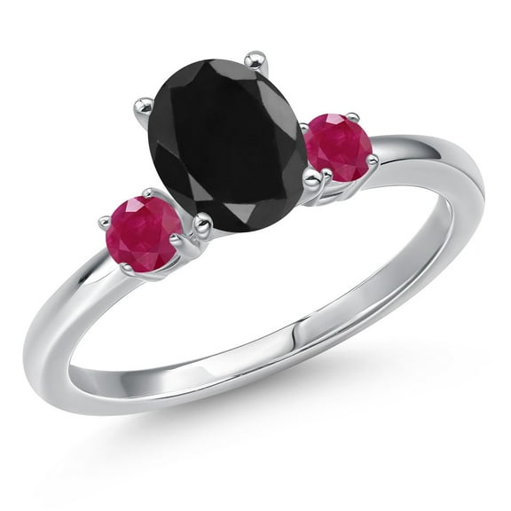 Gem Stone King 14K White Gold Black Sapphire and Red Ruby Engagement Ring for Women | 1.97 Cttw | Oval 8X6MM | Gemstone September Birthstone | Size 9
