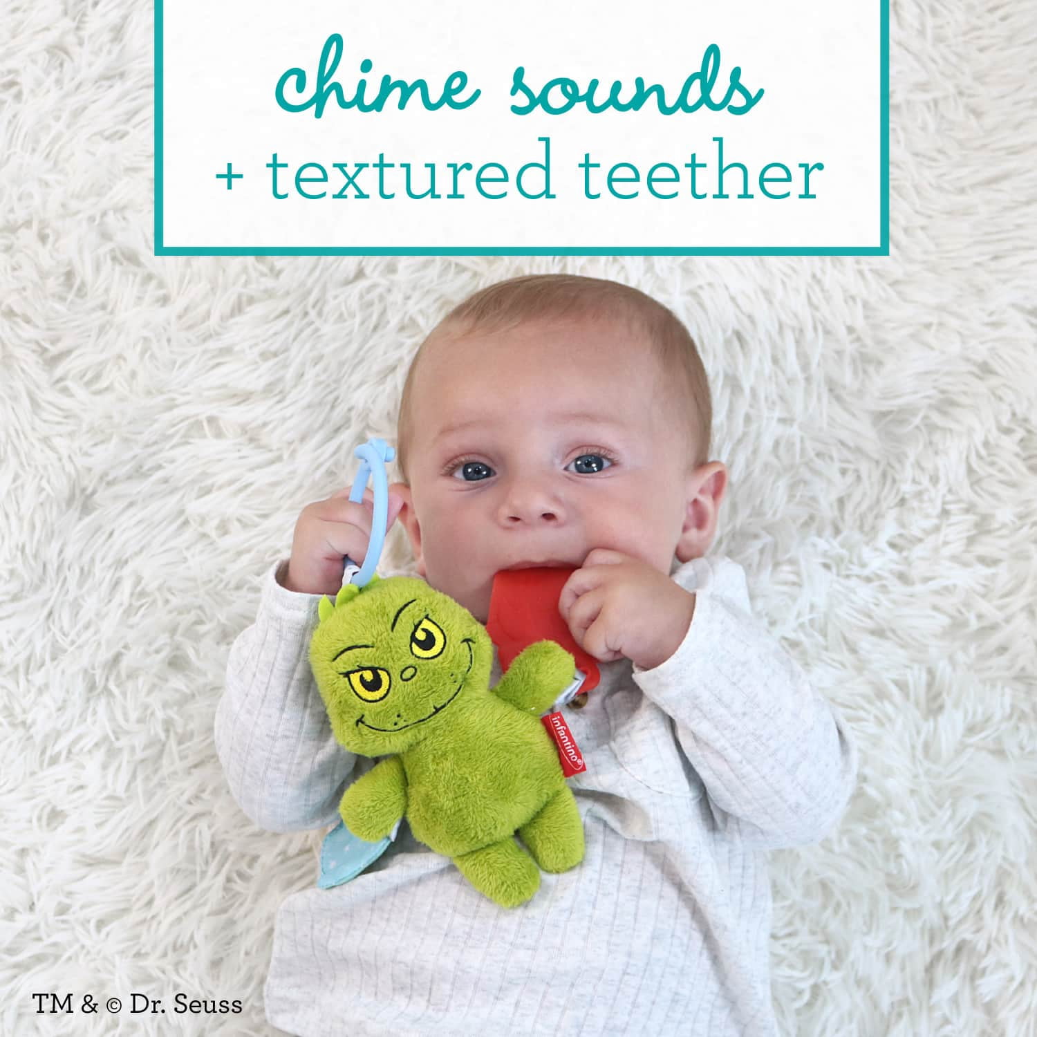 Infantino Chime & Go Tag Along Pal The Grinch, Soft Plush Baby Toy with Teether and Crinkle Tree