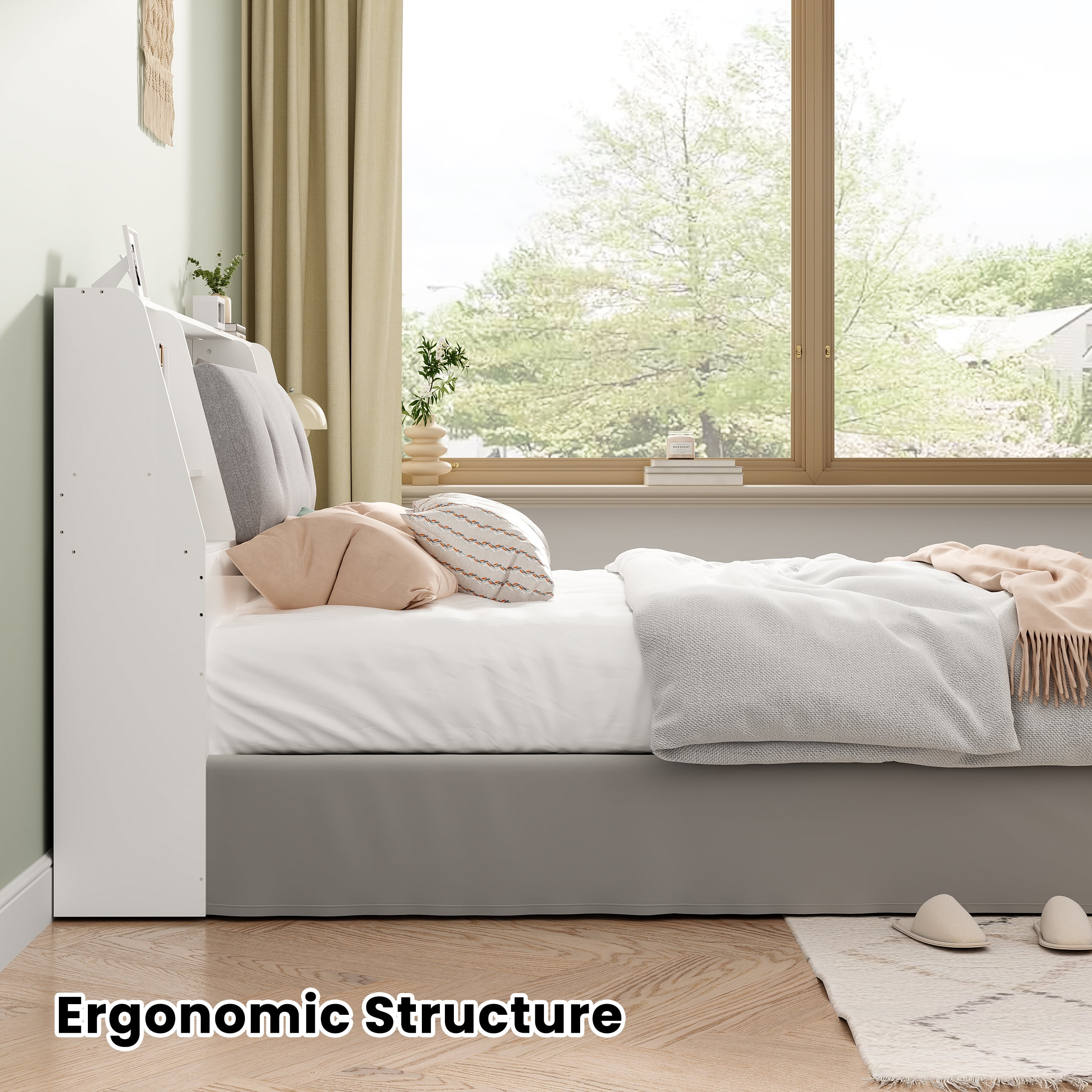 Someet 2 in 1 King Size Removable Upholstered Bookcase Headboard with 2 USB & 2 Type-C Port & Power Outlets & LED Light, White