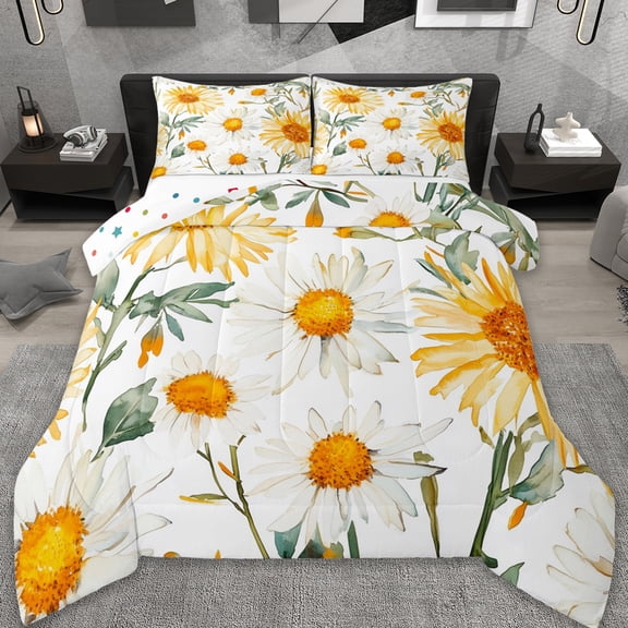 jejeloiu Rustic Flower Bedding Comforter Set,Cute Sunflower Daisy Twin Comforter Sets,White Orange Green Bedding Set For Girls,Super Cozy Room Decor Reversible,2 Pieces