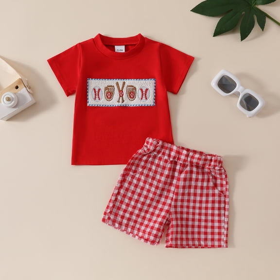 CYRBOKO Toddler Boys Outfit Sets, 2 Pieces Short Sleeve Elastic Waist T Shirts with Shorts Sets Red Size 2-3 T