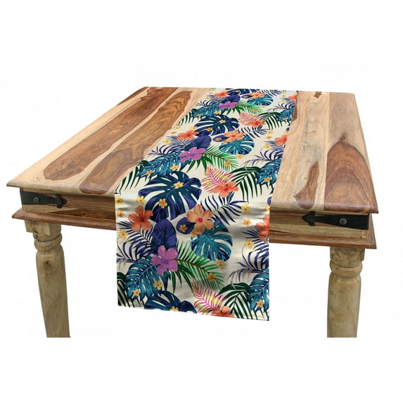 Tropical Table Runner, Flowers and Leaves of Lush Exotic Plants Tropic Jungle Rainforest Theme Pattern, Dining Room Kitchen Rectangular Runner, 3 Sizes, by Ambesonne