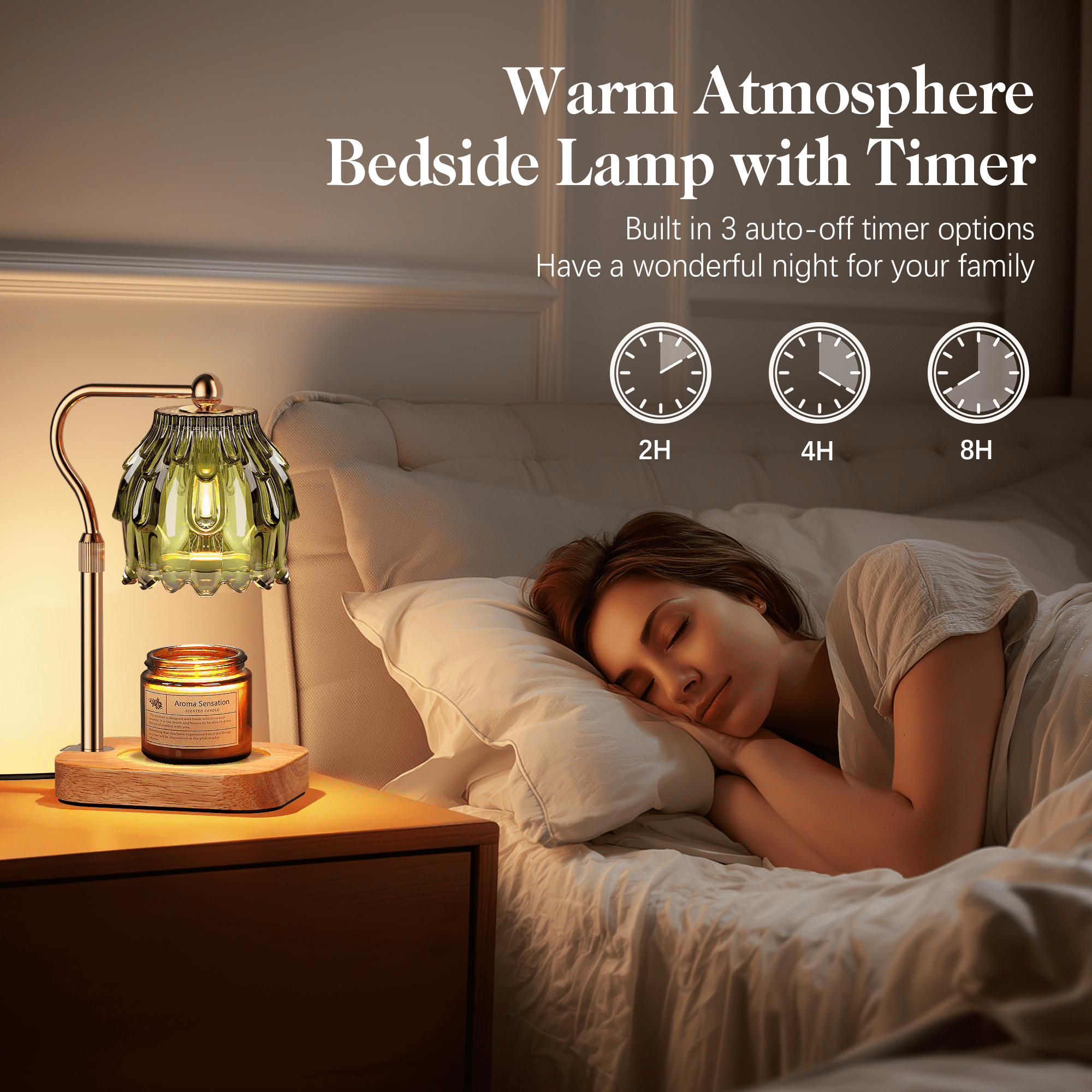 Candle Warmer Lamp with Timer Dimmer, Modern Wax Warmer for Scented Wax Jar Candle Warmer with 2 Bulbs, Adjustable Height Glass Lamp for Gifts,House Warming Gifts, Home Decor, Gold Green