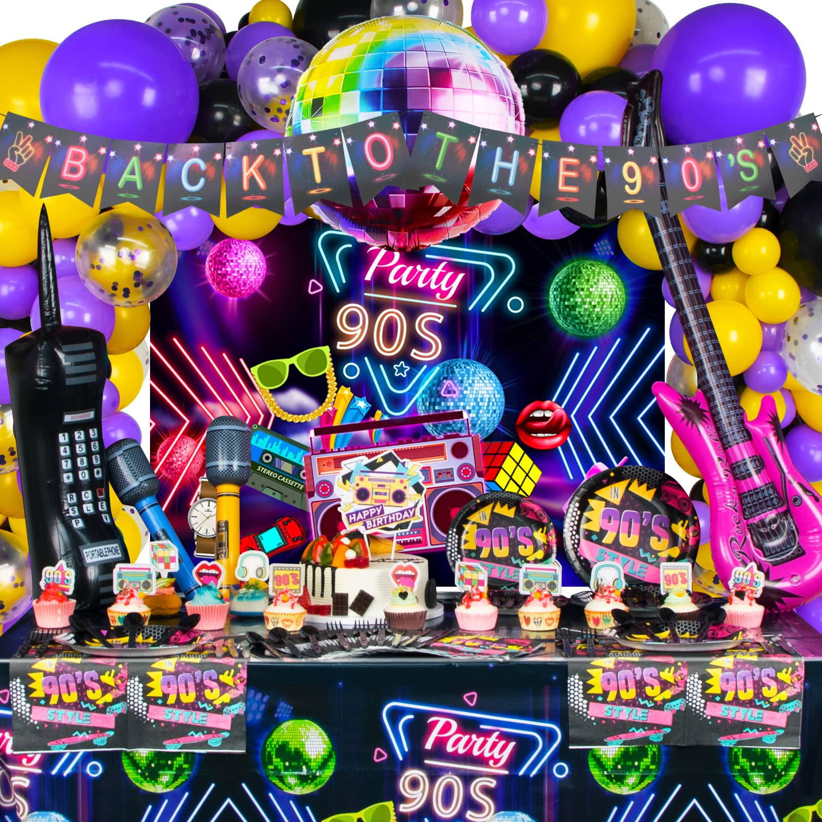 HJINGY 90s Party Decorations 80's 90's Theme Party Bundle includes Inflatable Gitar&Mobile Phone, Back To The 90's Banner, Tablecloth, Cake Toppers, Plates, Napkins, Hip-Hop Backdrop Y114