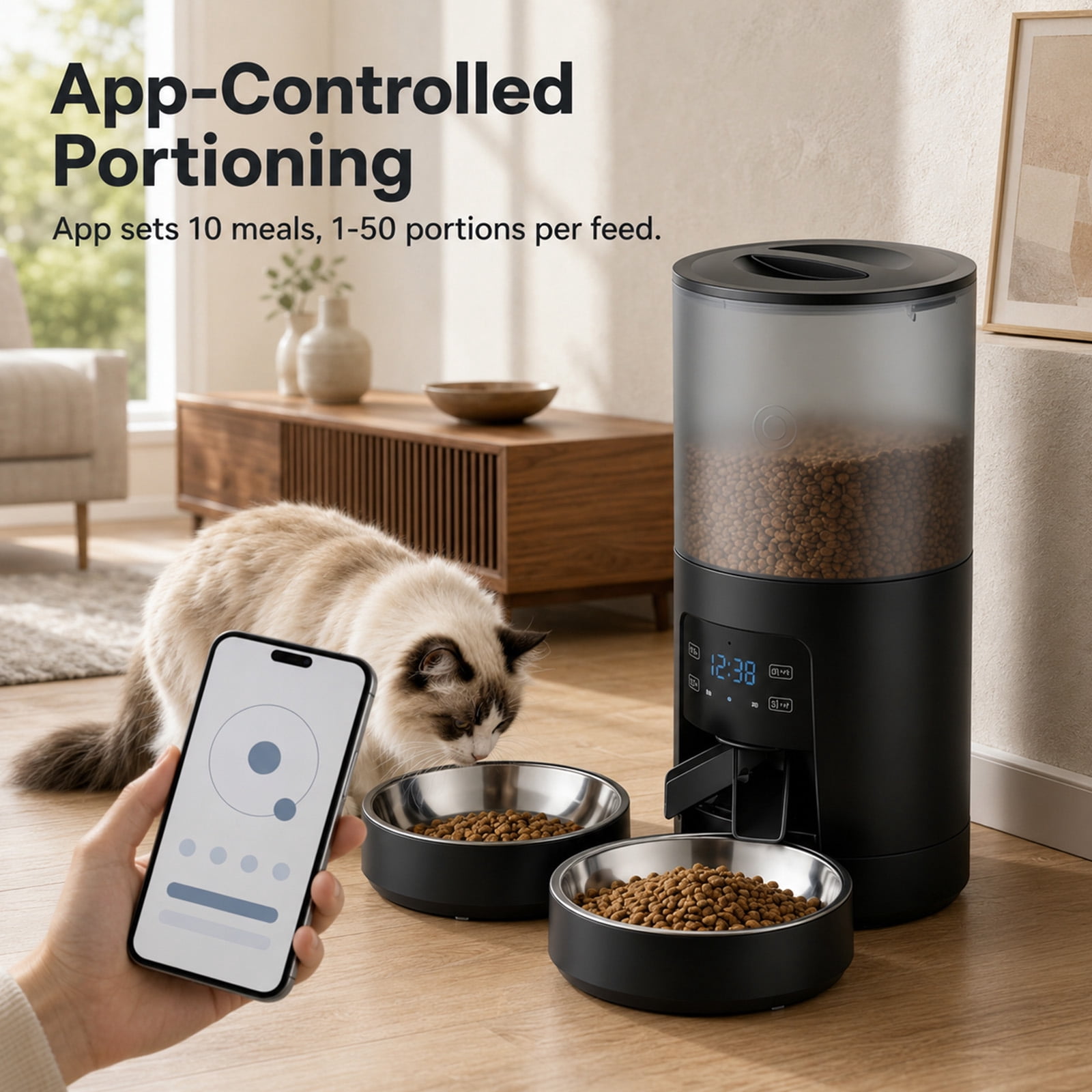 Alvantor 6L Automatic Cat Feeder, imed Cat Food Dispenser with 2 Stainless Bowls, Supply 10S Voice Recorder, Dual Power, Dual Pet Feeder for Cats and Dogs