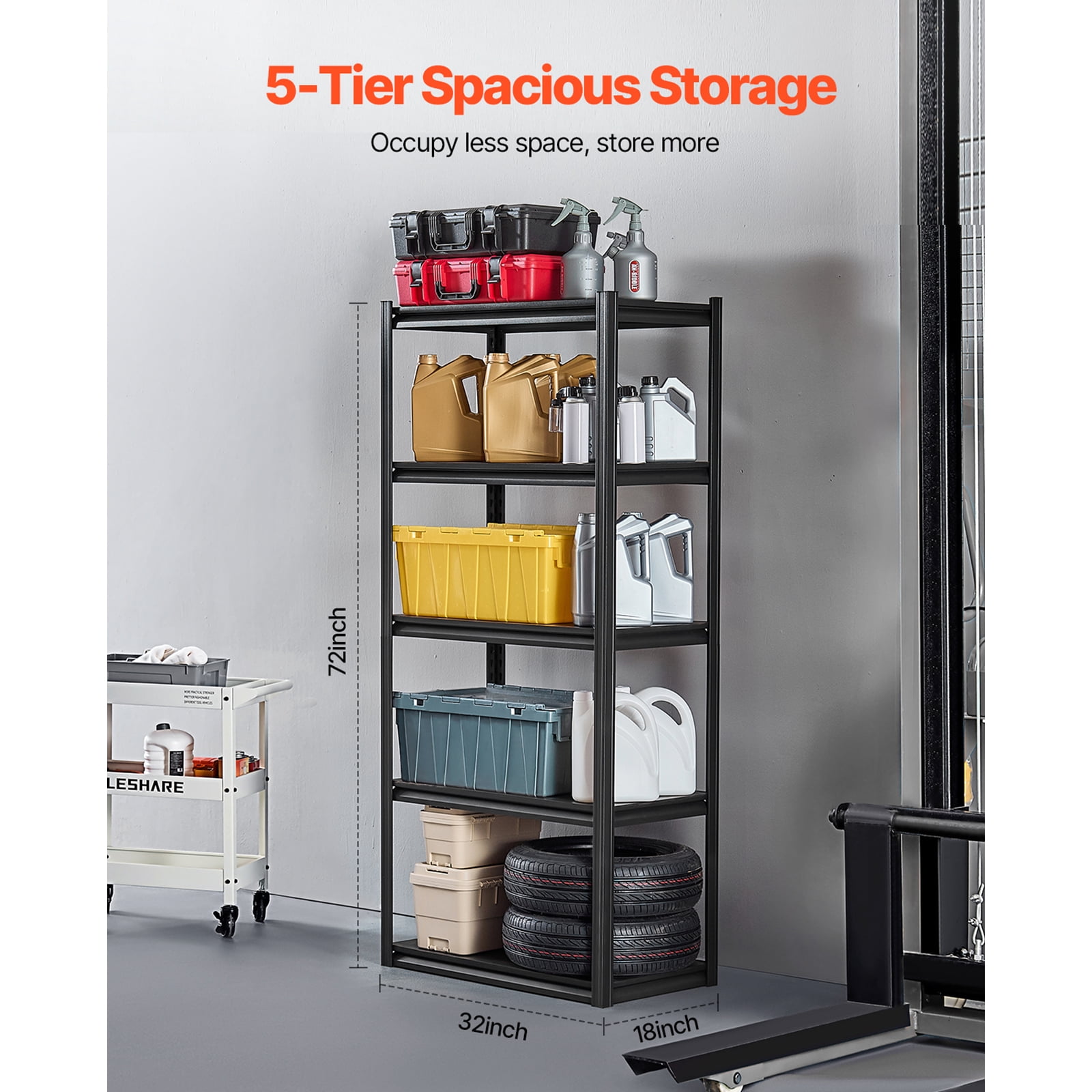 KFFKFF Storage Racks, 2000 lbs Capacity, 5-Level Garage Storage Stand, 18" D x 32" W x 72" H Adjustable Metallic Racks for Garage, Utility Rack Shelf, Perfect for Kitchen, Warehouse, Basement, Black