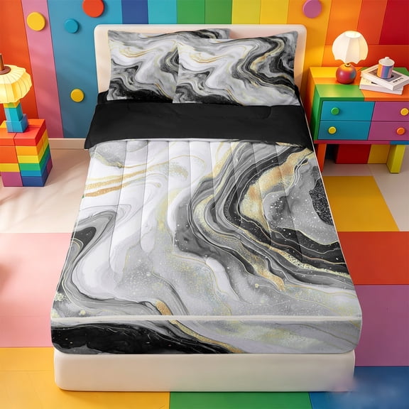 meiyoeat Modern Marble Art Zipper Twin Comforter Sets with Fitted Sheet and 2 Pillowcases For Women Men,Abstract Swirl Design Zipper Bedding Set For Adults,Black Reversible,4-Piece