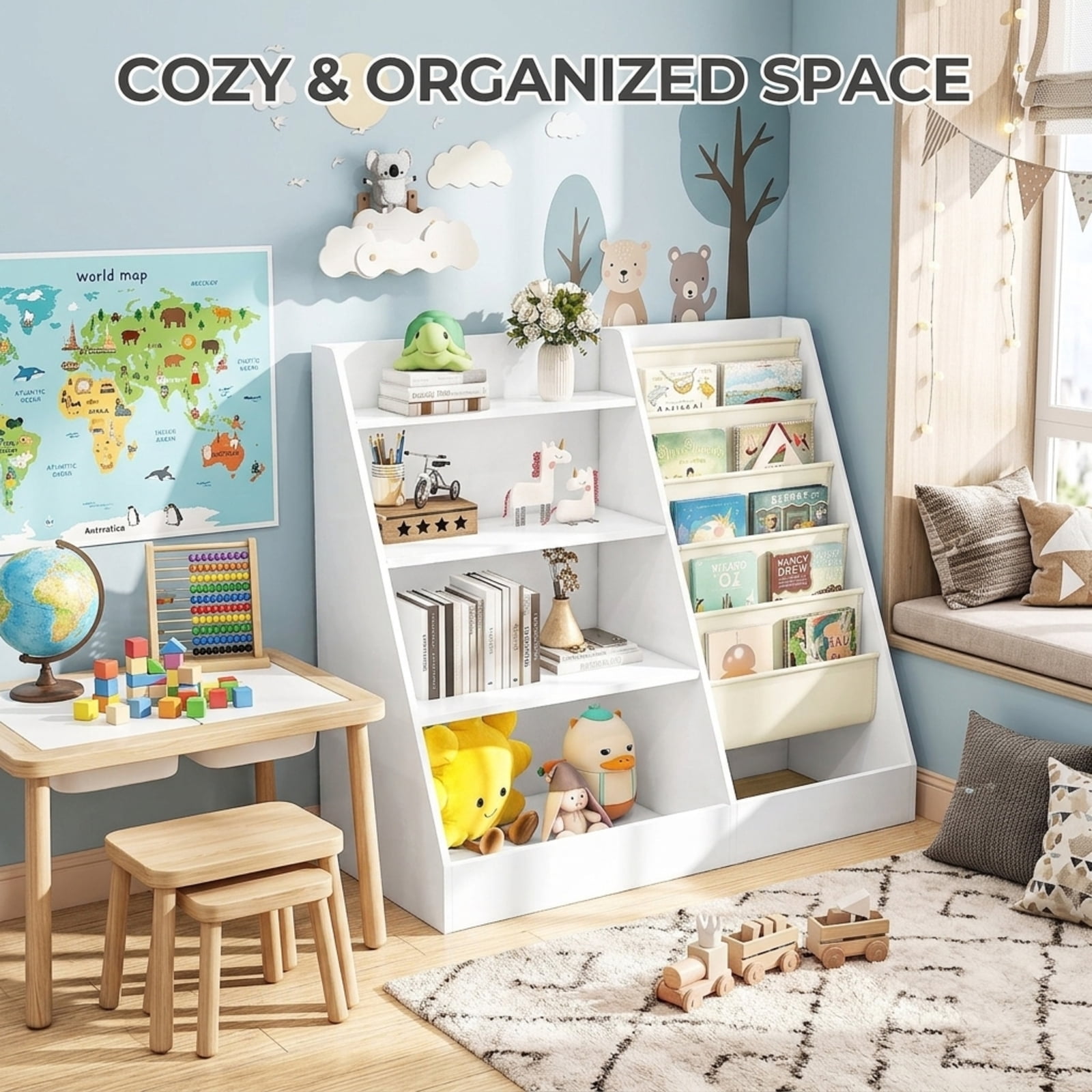 Fenbeli 2-in-1 Kids Bookshelf and Toy Storage, 4-Tier Wooden Organizer with 5 Fabric Sling Pockets and Anti-Tip Strap, White Bookcase for Bedroom Nursery and Playroom