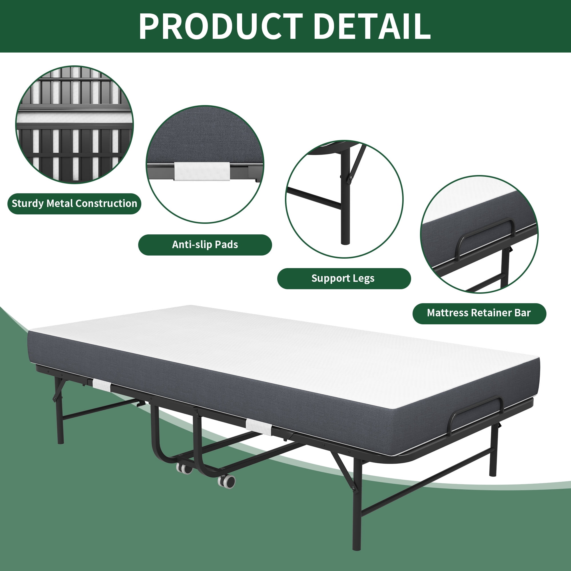 DRNANLIT Folding Bed with Mattress - 75x38 Twin Size Frame - Portable Rollaway Guest Bed with 5-inch Memory Foam Mattress - Space-Saving Foldable Design for Easy Storage