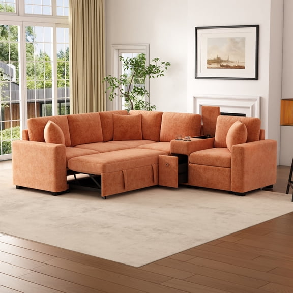 120" Sectional Sleeper Sofa with Pull Out Bed, L Shaped Chenille Cloud Couch with Cup Holders and Storage Drawer for Living Room, Orange