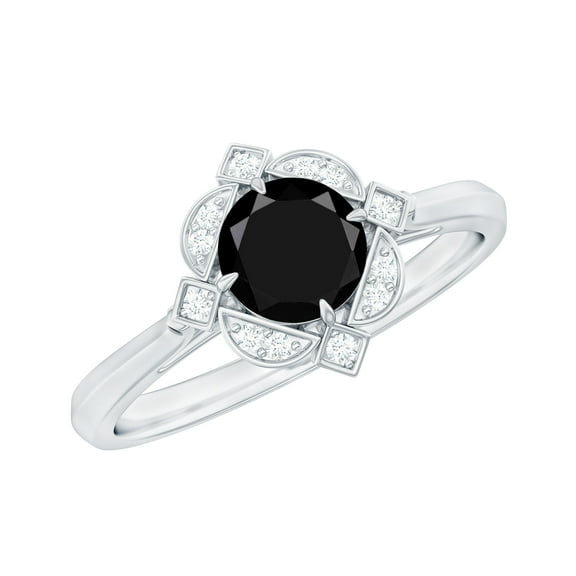 Rosec Jewels Black Spinel Ring with Diamond for Women, Vintage Inspired Ring - AAA Quality, 925 Sterling Silver, US 4.00