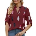 thumbnail image 2 of Summer Tops Viikei Womens Hoodies Sweater,Women's New V-neck Feather Print 3/4 Sleeve Loose Tops Shirt Wine L, 2 of 9