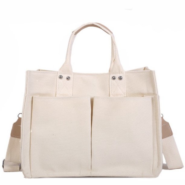Bolso de lona con asa -Bolso de mamá, bolso de mensajero de gran capacidad Bolso de hombro multibolsillo duradero Lona resistente al desgaste Blanco