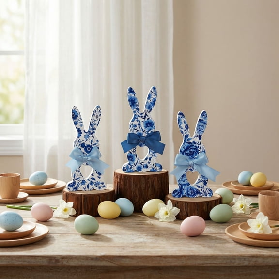 3 Pcs Wooden Easter Bunny Egg Decoration for Home Neutral Rustic Farmhouse Rabbit Decoration Wooden Table Signs Retro Easter Tiered Tray Decor for Home Dining Room Decor
