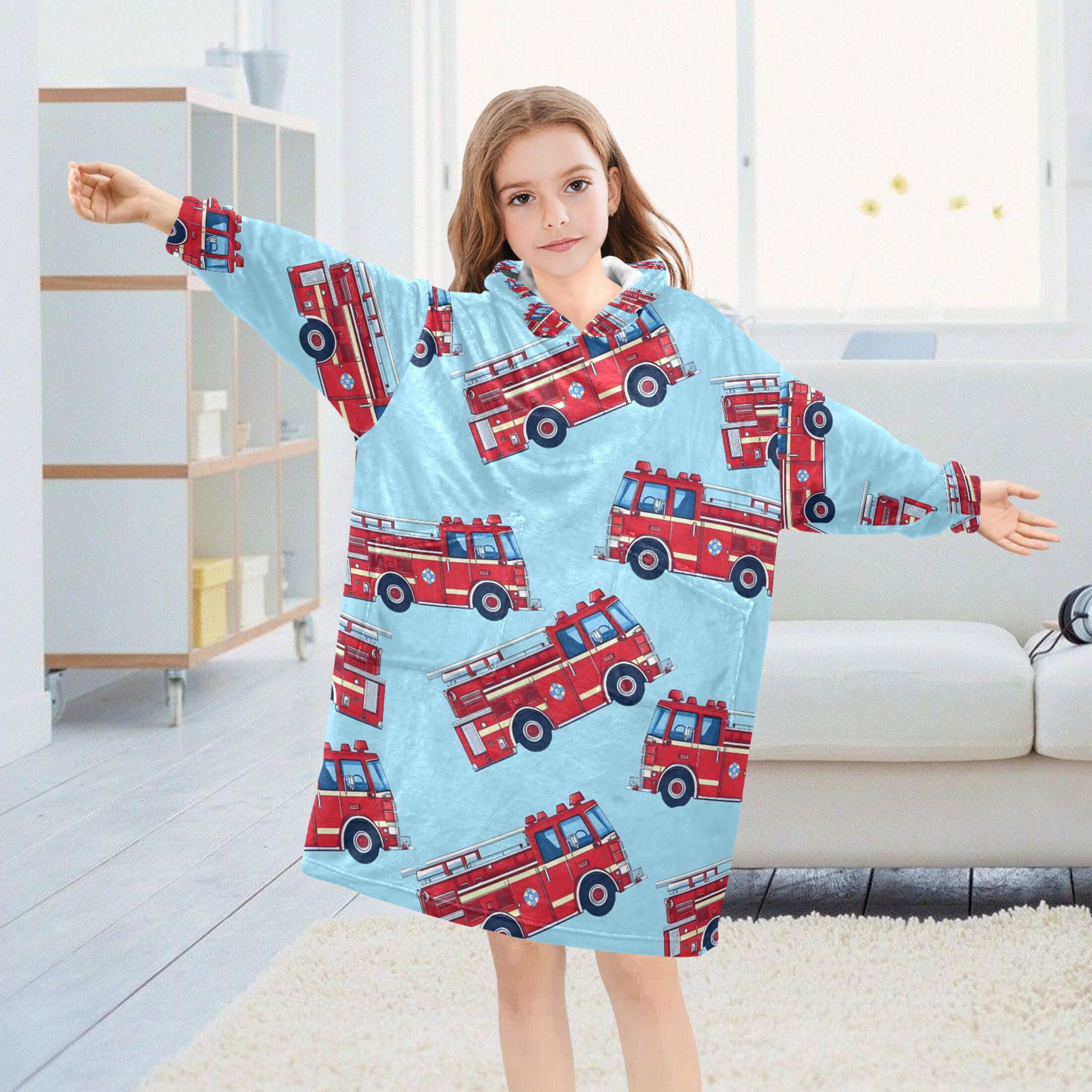 joogoo Wearable Blanket Hoodie for Cartoon Fire Trucks Oversized Sherpa Hooded 3-14 YR M