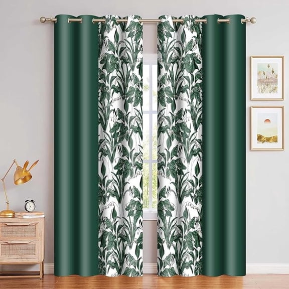 Sage Green Blackout Curtains Solid Color Patchwork Botanical Patterns Insulated Curtain Boho Modern Art Drapes For Bedroom Living Room Decoration 26"W x 63"L (Pack of 2)