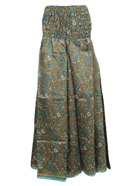 Mogul Women's Divided Long Skirts Brown Vintage Silk Sari  Maxi Skirts