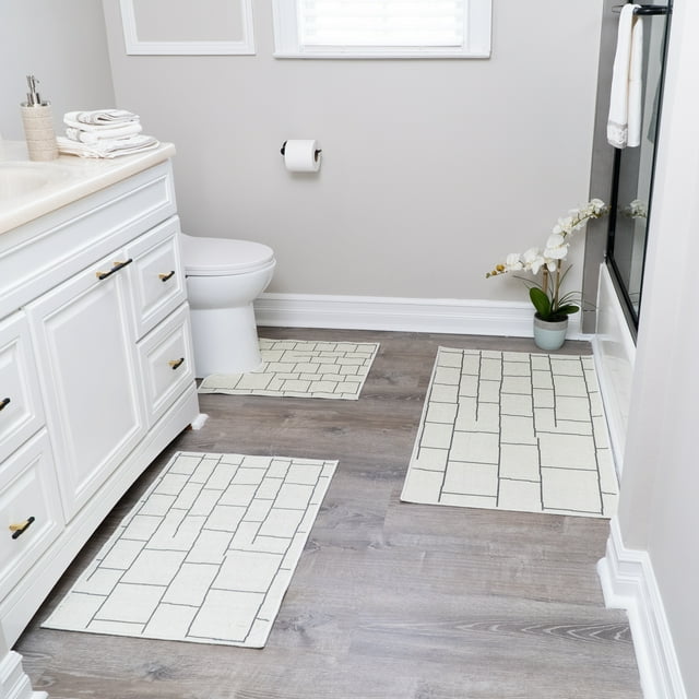 Geometric Design 3 Piece Bathroom Rugs Set - Non-Slip Ultra Thin Bath Rugs for Bathroom Floor - Washable Cotton Bathroom Mats Set