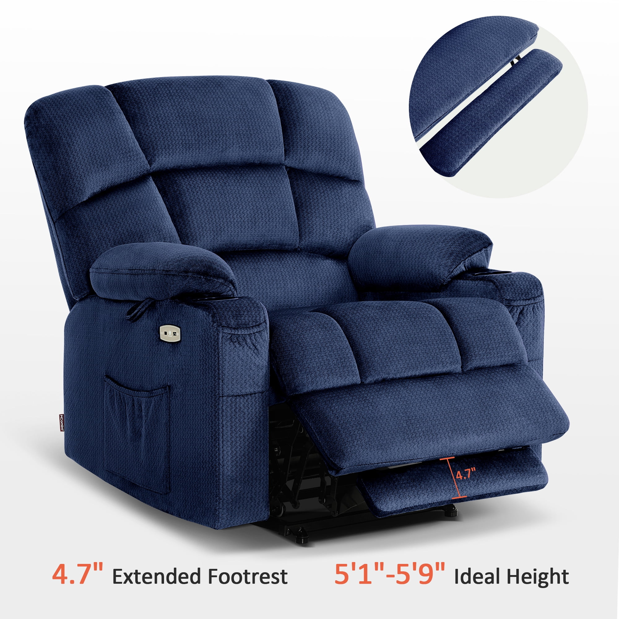 MCombo Oversized Lay Flat Power Lift Recliner with 27.2'' Wide Seat for Bariatric Elderly, Infinite Position, Fabric(Medium-Wide, Navy Blue)