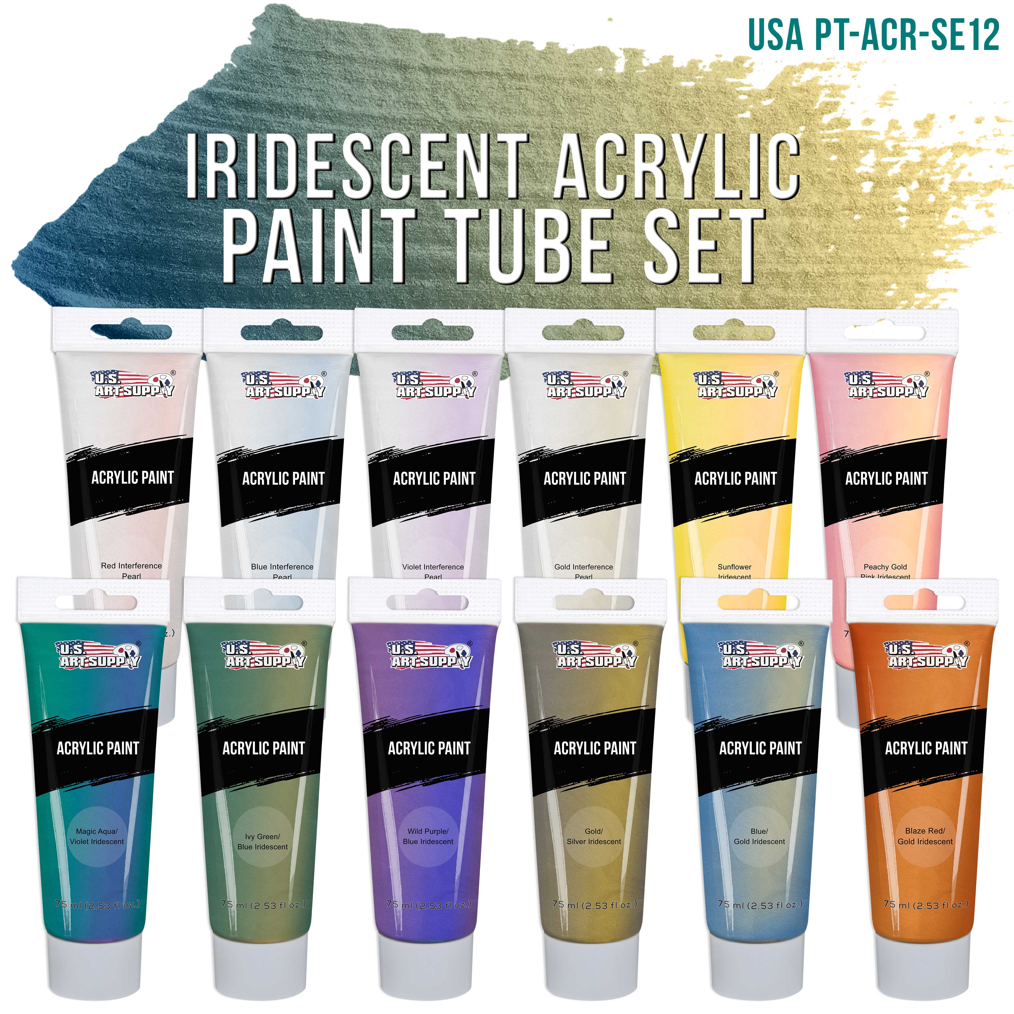 U.S. Art Supply Professional 12 Color Set of Iridescent Acrylic Paint, Large 75ml Tubes - Luminescent Special Effect Chameleon Color-Shifting Pearl Colors - Artists, Canvas Painting, Paper, Wood