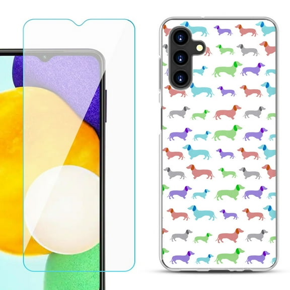 Slim-Fit TPU Fashion Phone Case for Samsung Galaxy A13 5G, with Tempered Glass Screen Protector, by OneToughShield ® - Colorful Dachshund/Puppy