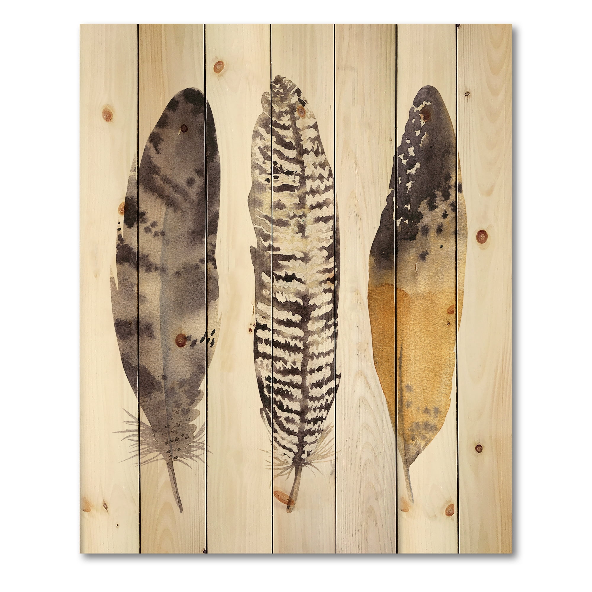 Designart 'Boho Ethnic Art Dark Gray Feathers III' Bohemian & Eclectic Print on Natural Pine Wood