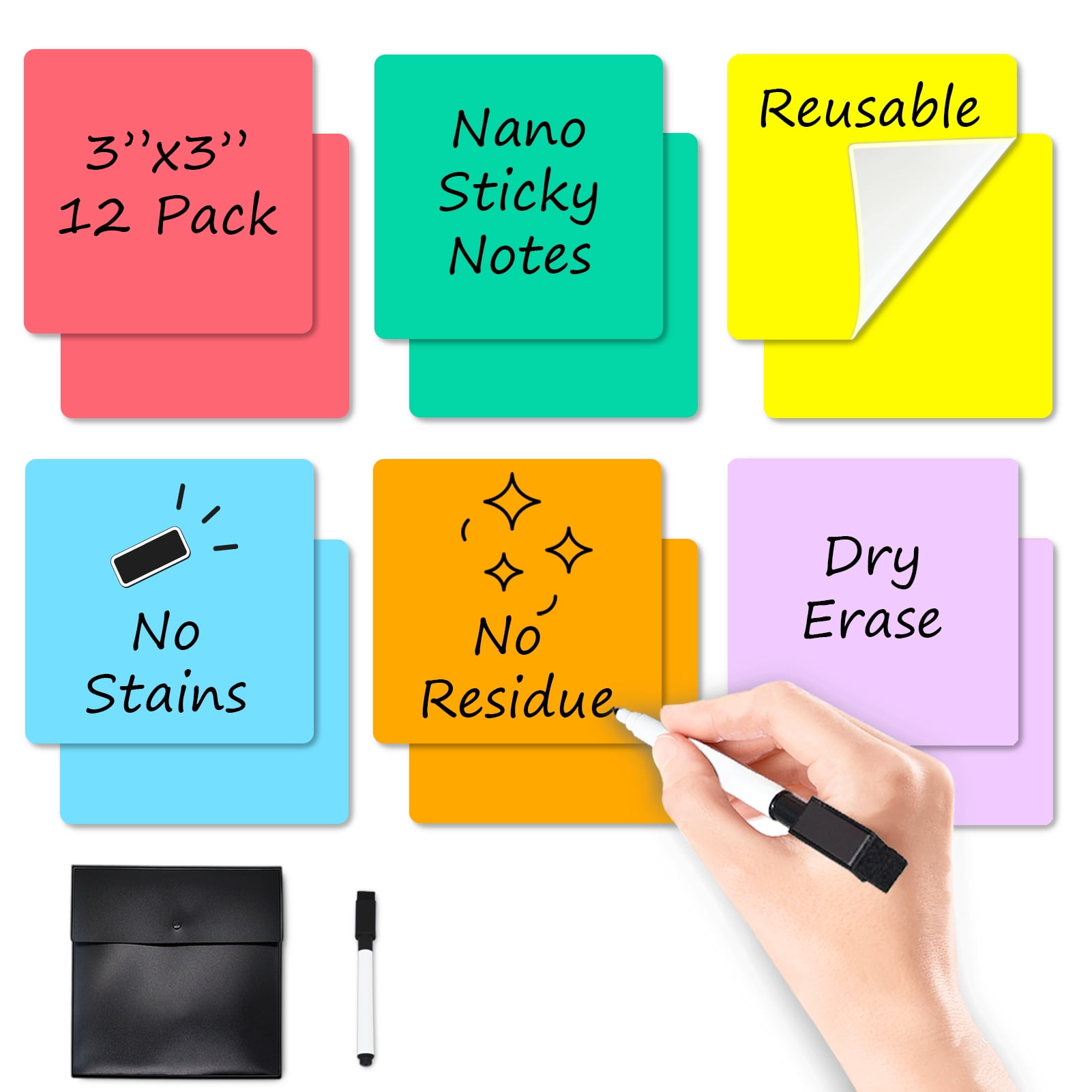 Dry Erase Sticky Notes 6 Colors Reusable Whiteboard Stickers 3"x3" 12