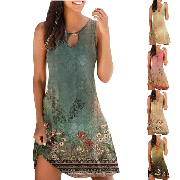 ZZwxWA Womens Summer Dresses Floral Spaghetti Strap Mini Dress Retro Sleeveless Keyhole Neck Casual Swing Sundress Boho Tank Dress